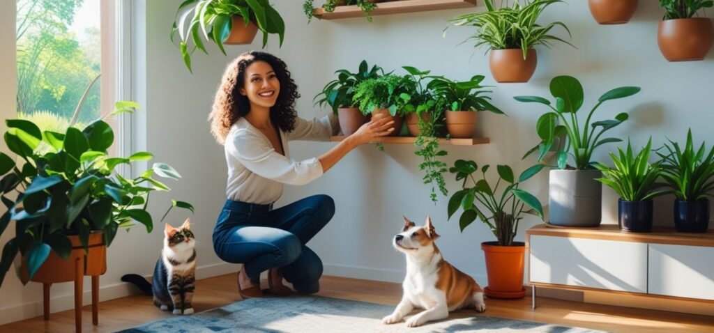How to use hanging planters or shelves to keep plants safe and effective? shelves